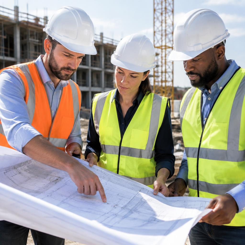 Construction engineers reviewing project blueprints on site